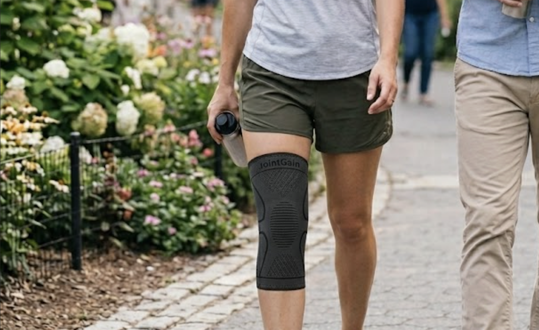 Sporter wandelt buiten met kniebrace
